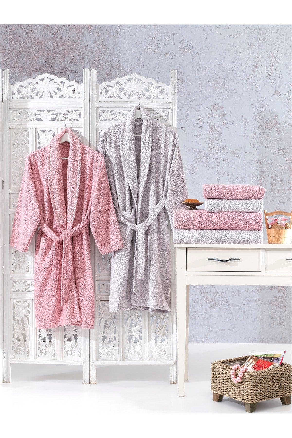 Family Lacy Powder & Lilac Family Bathrobe Set 6 Pieces Dowry Women Men Bathrobes Bath Towel Set - Swordslife