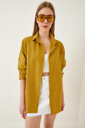 Women's Mustard Oversize Long Basic Shirt DD00842 - Swordslife