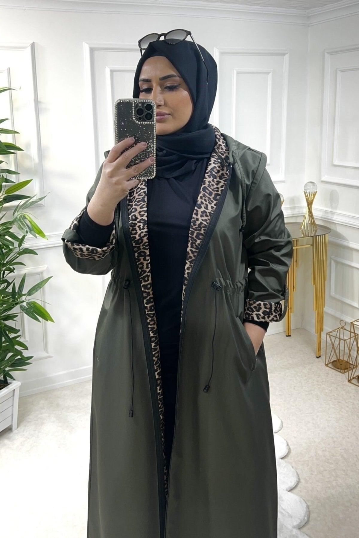 Plus Size Setenay Full Length Inner Leopard Double Sleeve Trench - Khaki - Swordslife