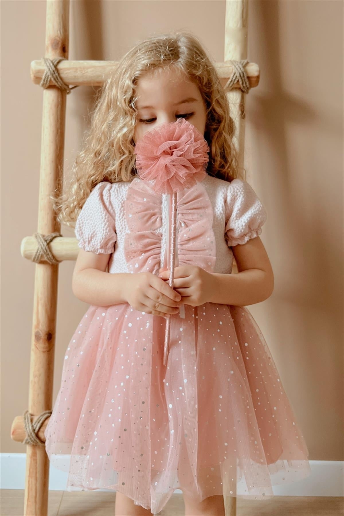 Powder Glittery Short Sleeve Tutu Skirt Girls Dress - Felicia