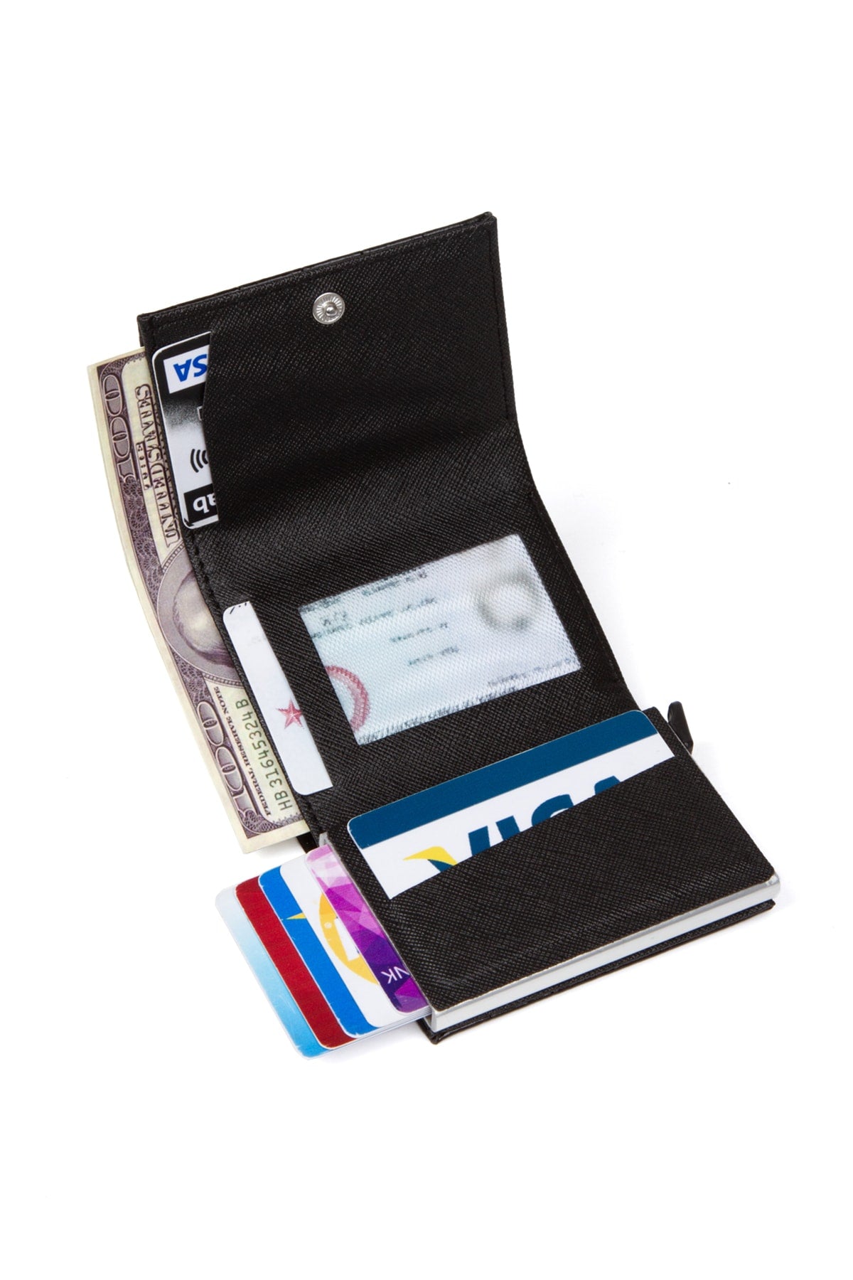 Unisex Leather Aluminum Mechanism Sliding Card Holder Wallet With Paper Money Compartment