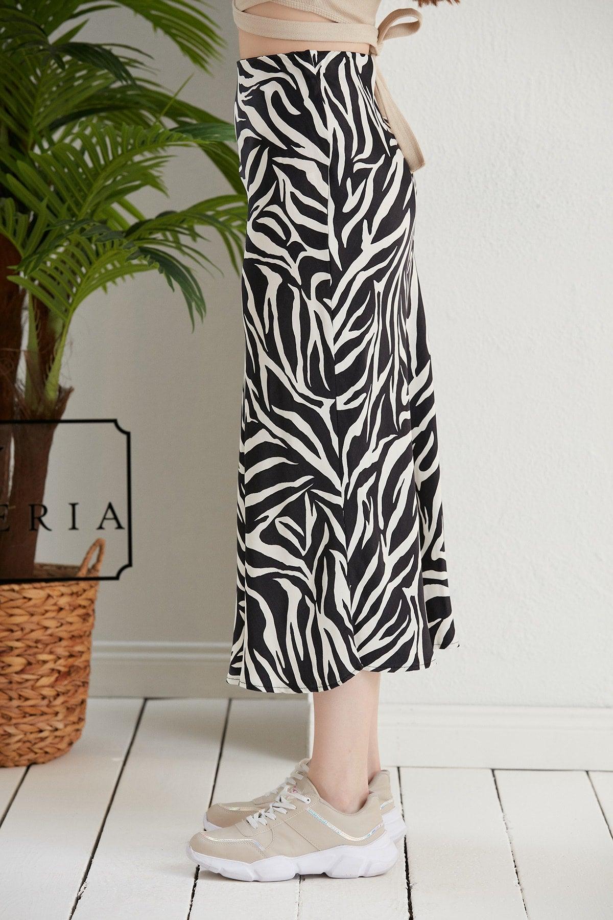 Summer Zebra Pattern Viscose Satin Midi Skirt - Swordslife