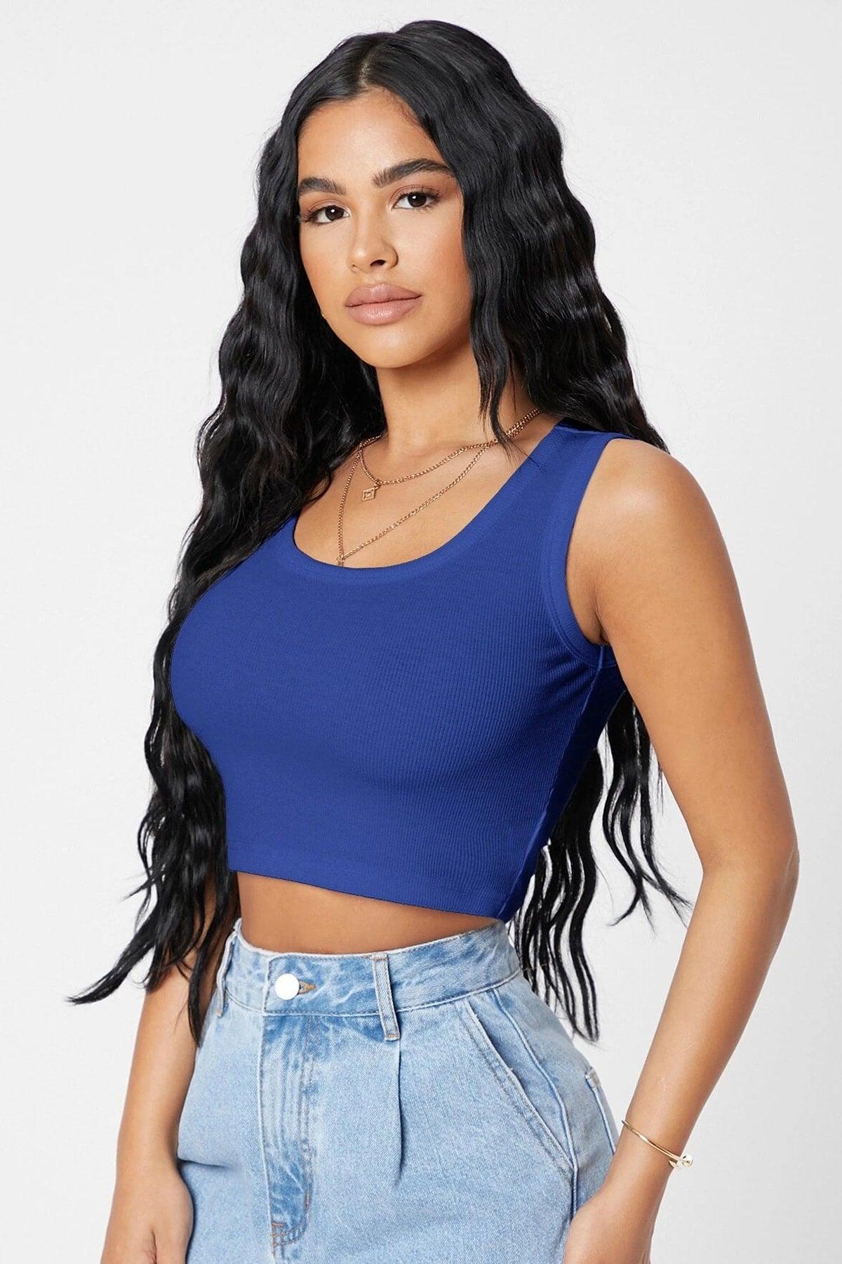 Women's Navy Square Neck Crop Top Blouse - Swordslife