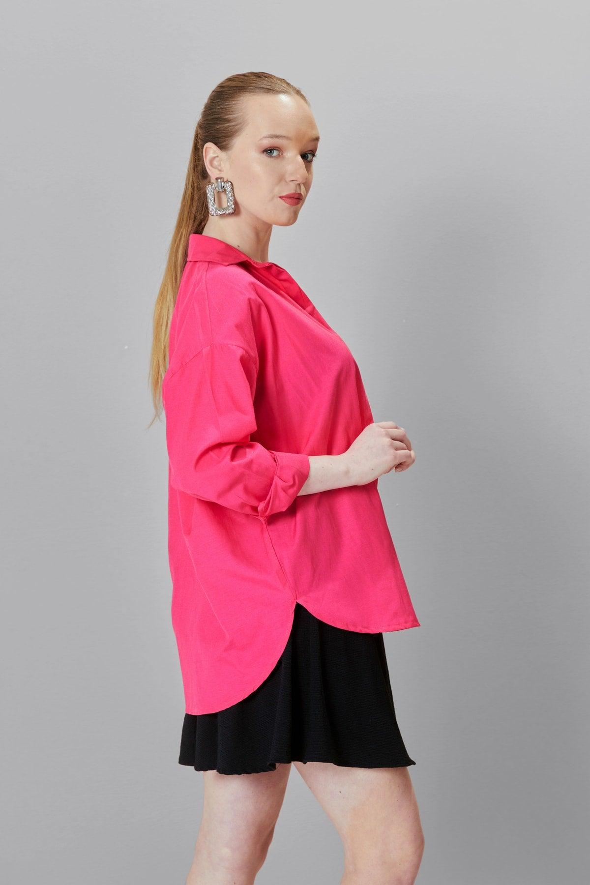 Women's Fuchsia Oversize Long Woven Shirt - Swordslife