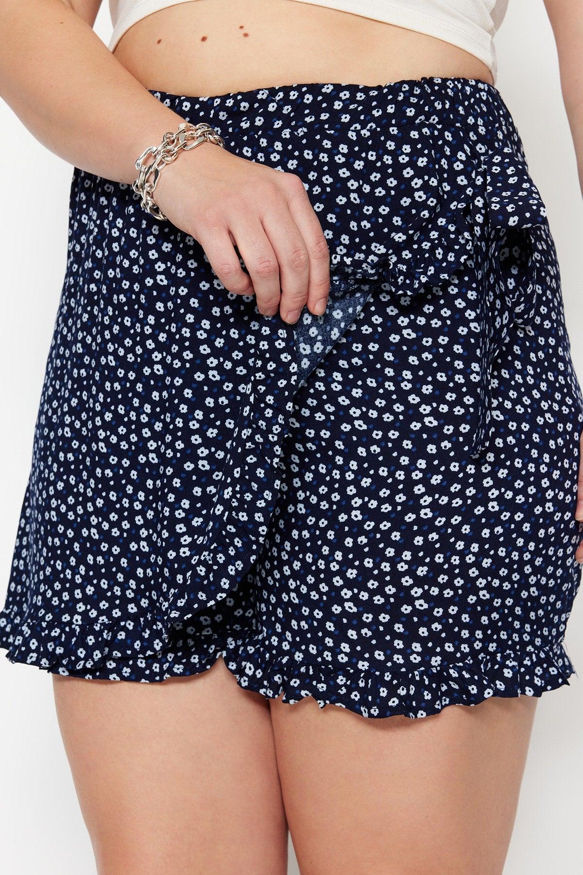 Navy Blue Floral Patterned Woven Tie Shorts Skirt TBBSS22SR0164 - Swordslife