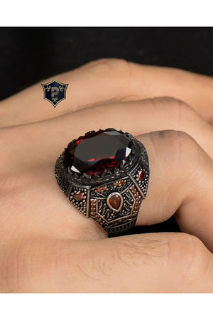 925 Sterling Silver Men'S Ring With Red Zircon Stone Zircon Stone Embellished