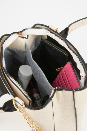 Women'S Cream Croco Handle Strap 2 Compartment Snap Zipper Closure Hand And Shoulder Bag