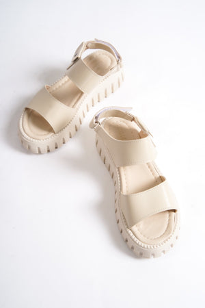 735-Bj Thick Serrated Sole Beige Gladiator Platform Sandals