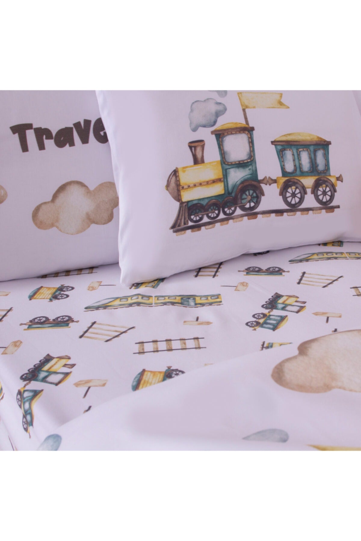 Organic Full Set Printed Cotton Satin Baby Duvet Cover Set - Train And Cloud Theme