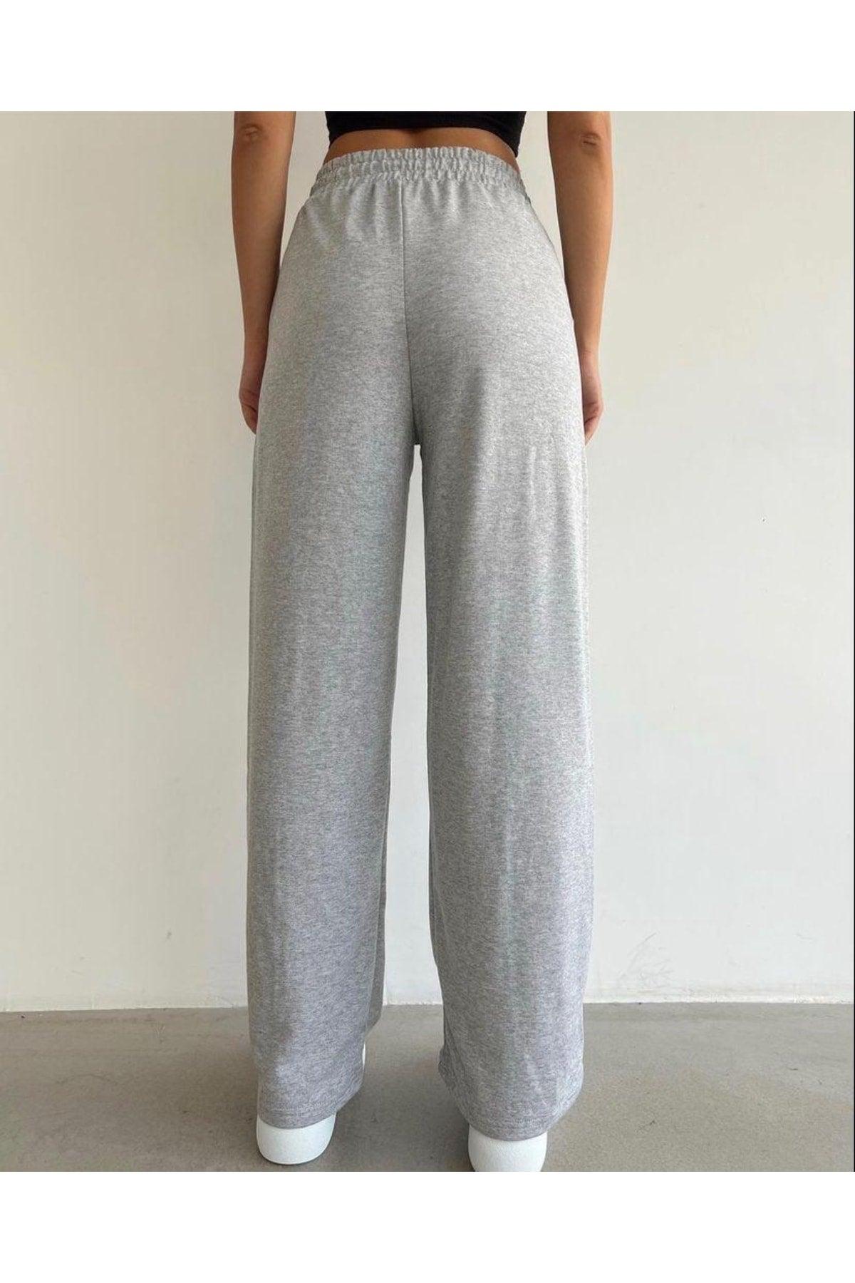 Women's Gray Plain 2 Thread Wide Leg Sweatpants - Swordslife