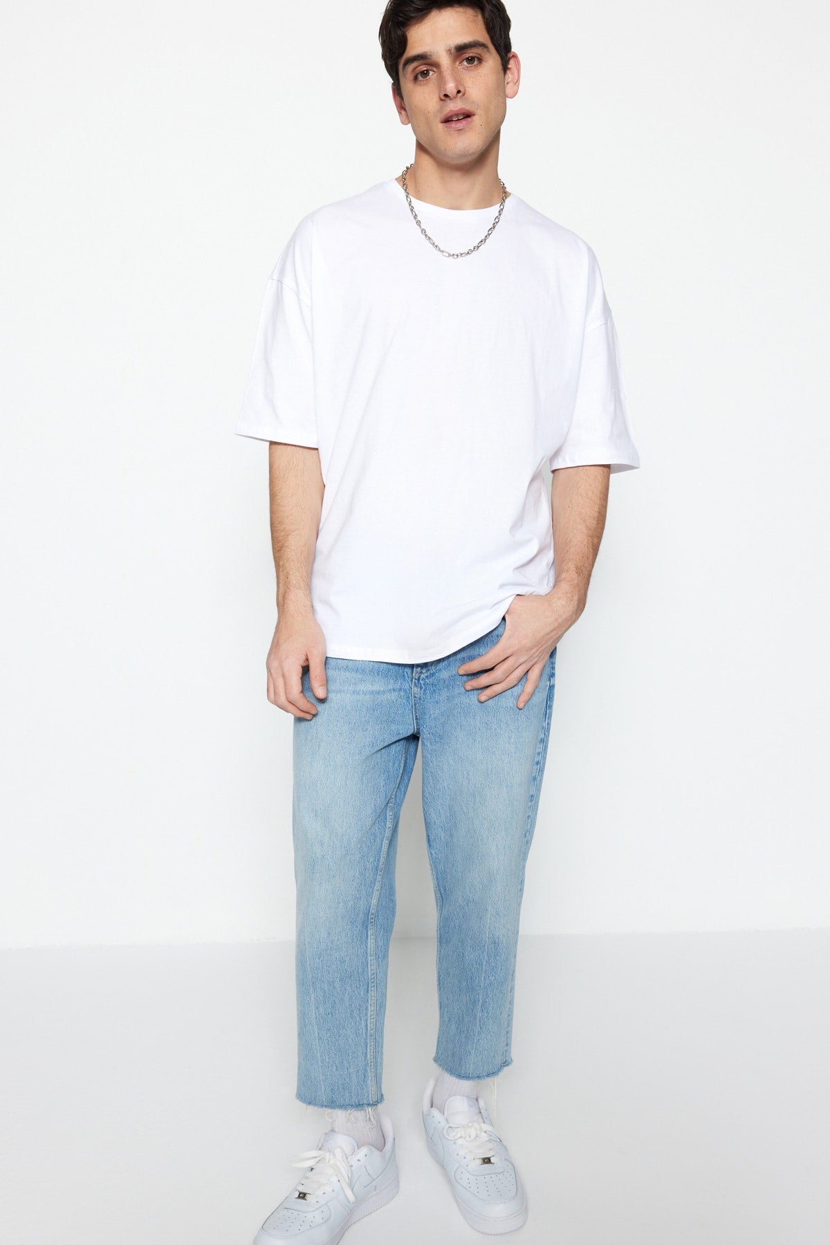 White Men'S Oversize Basic Crew Neck Short Sleeved 100% Cotton T-Shirt Tmnss22Ts0318