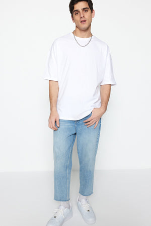 White Men'S Oversize Basic Crew Neck Short Sleeved 100% Cotton T-Shirt Tmnss22Ts0318