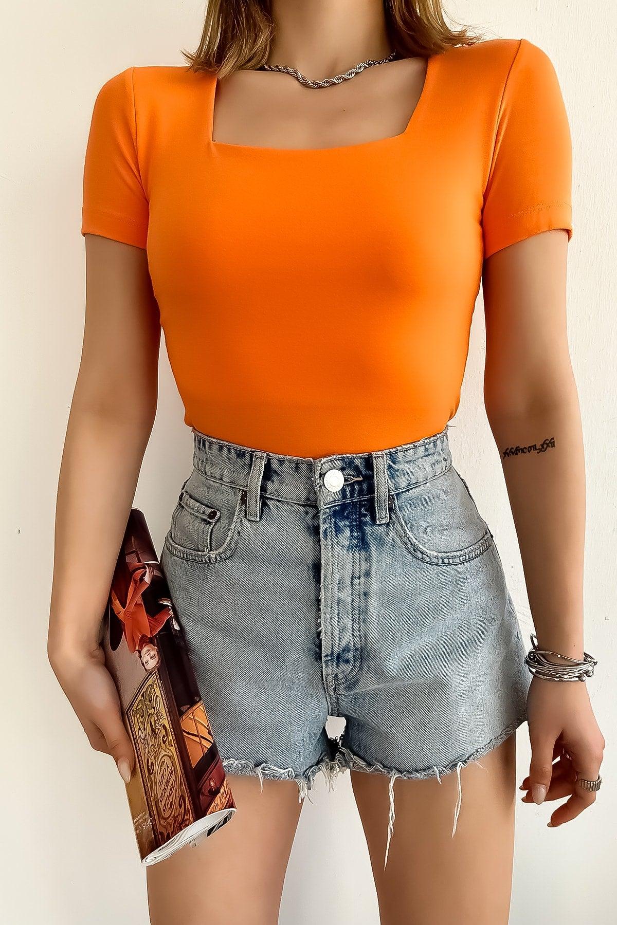 Women's Short Sleeve Square Collar Orange Solid Color Viscose Blouse - Swordslife