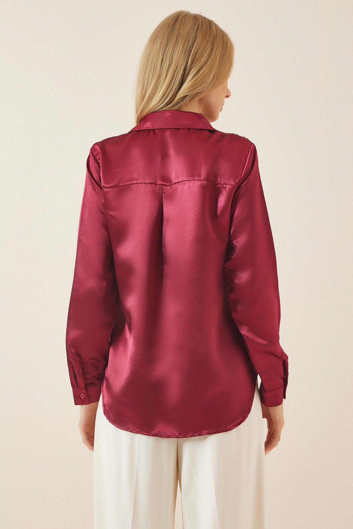 Women's Claret Red Lightly Flowy Satin Shirt DD00990 - Swordslife