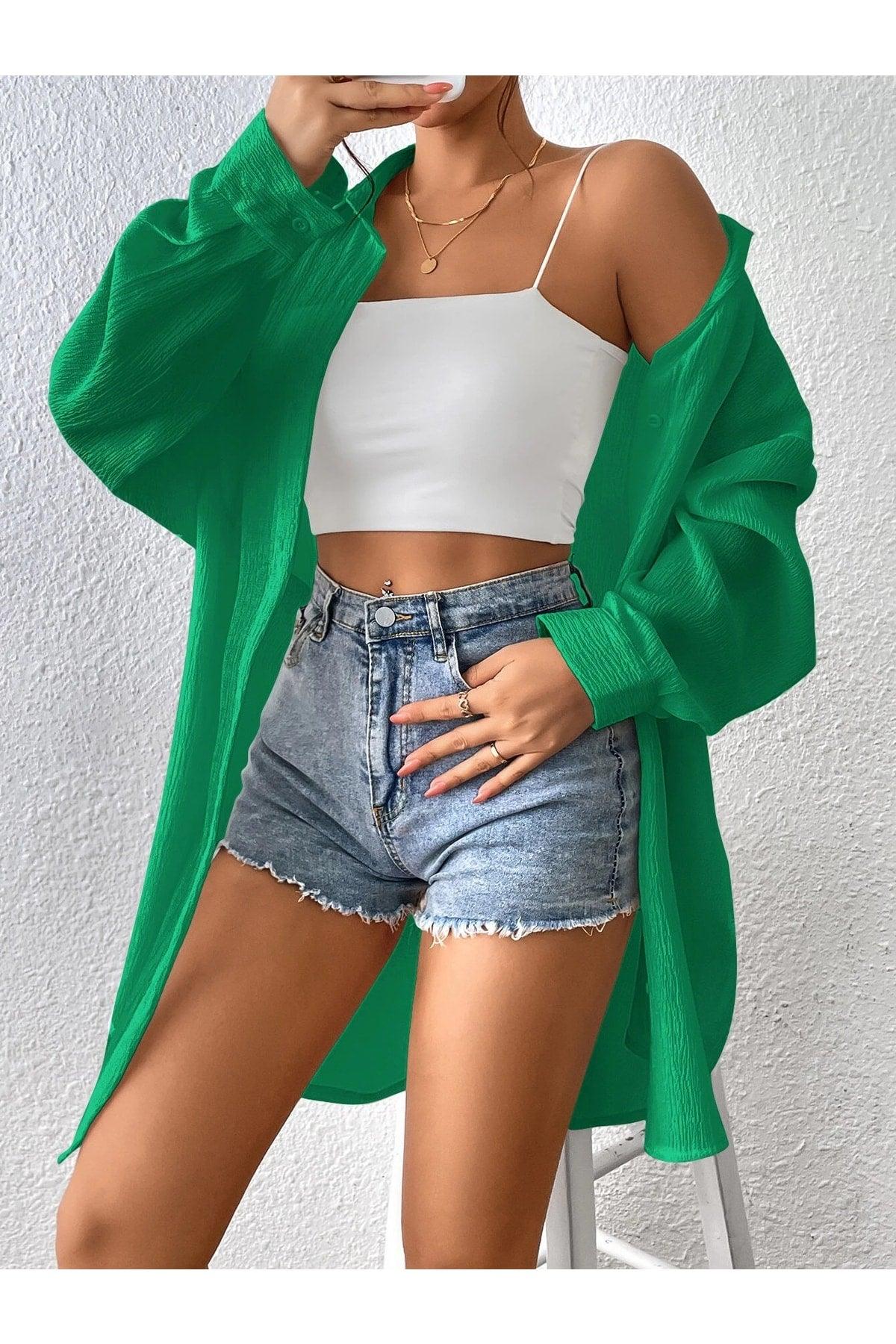 Women's Green Oversize Long Shirt - Swordslife