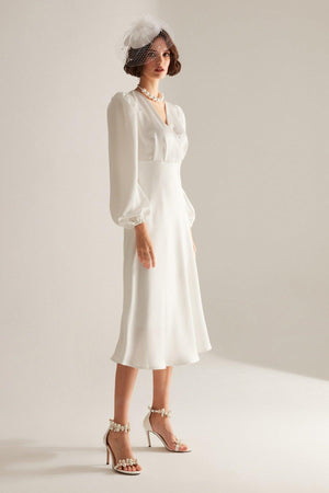 Merry White Double Breasted Collar Flared Dress - Swordslife