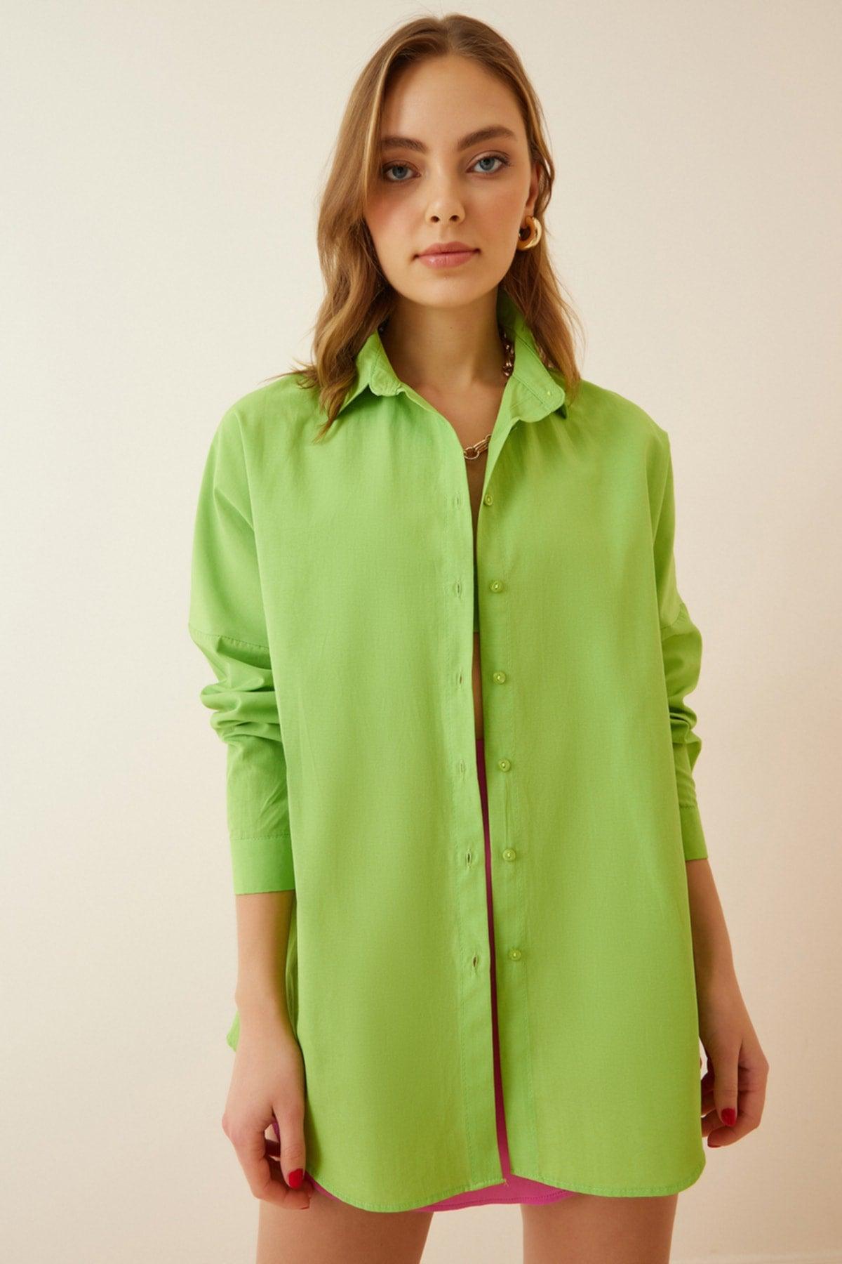 Women's Pistachio Green Oversize Long Basic Shirt DD00842 - Swordslife