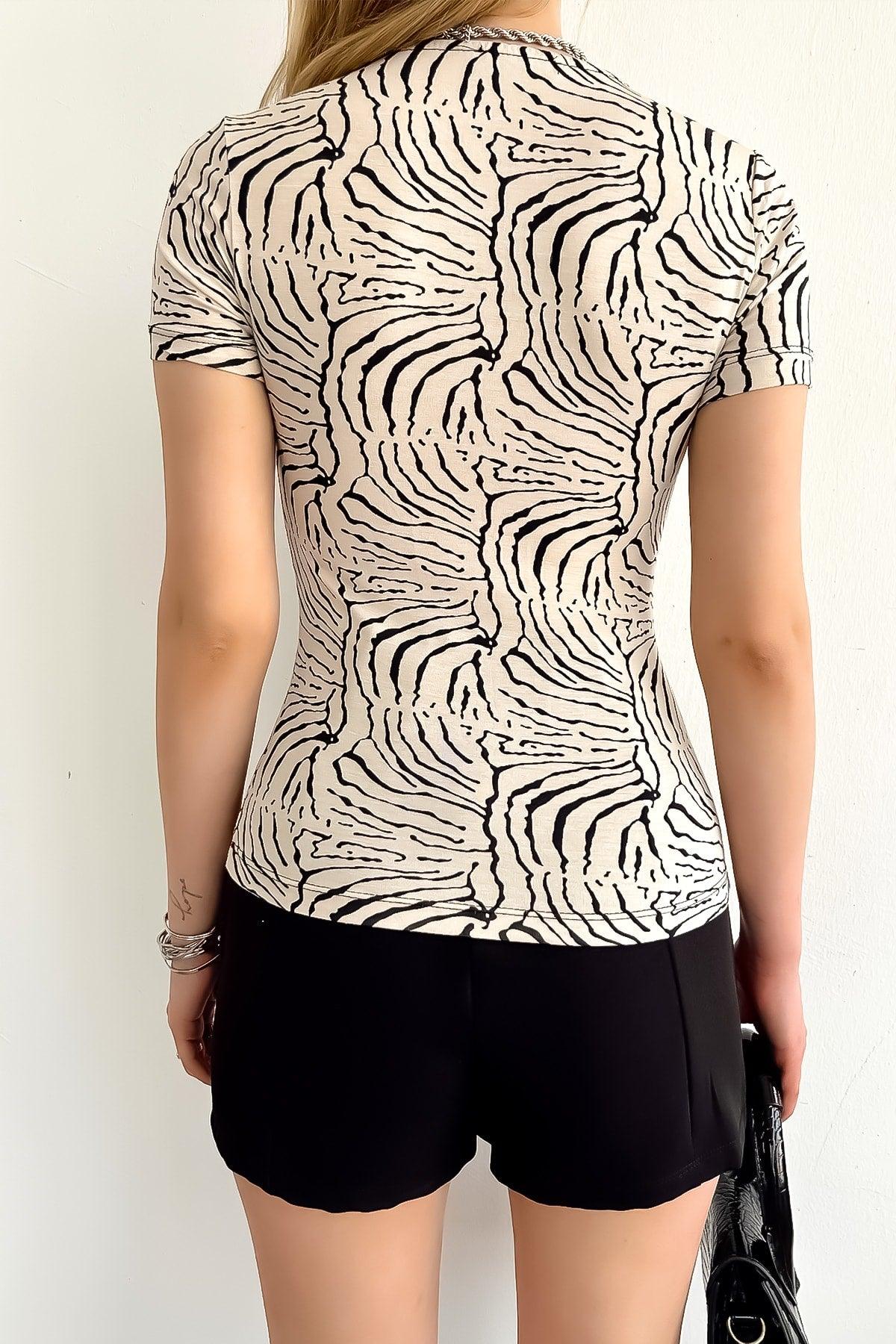 Women's Short Sleeve Square Collar Bone Zebra Pattern Blouse - Swordslife