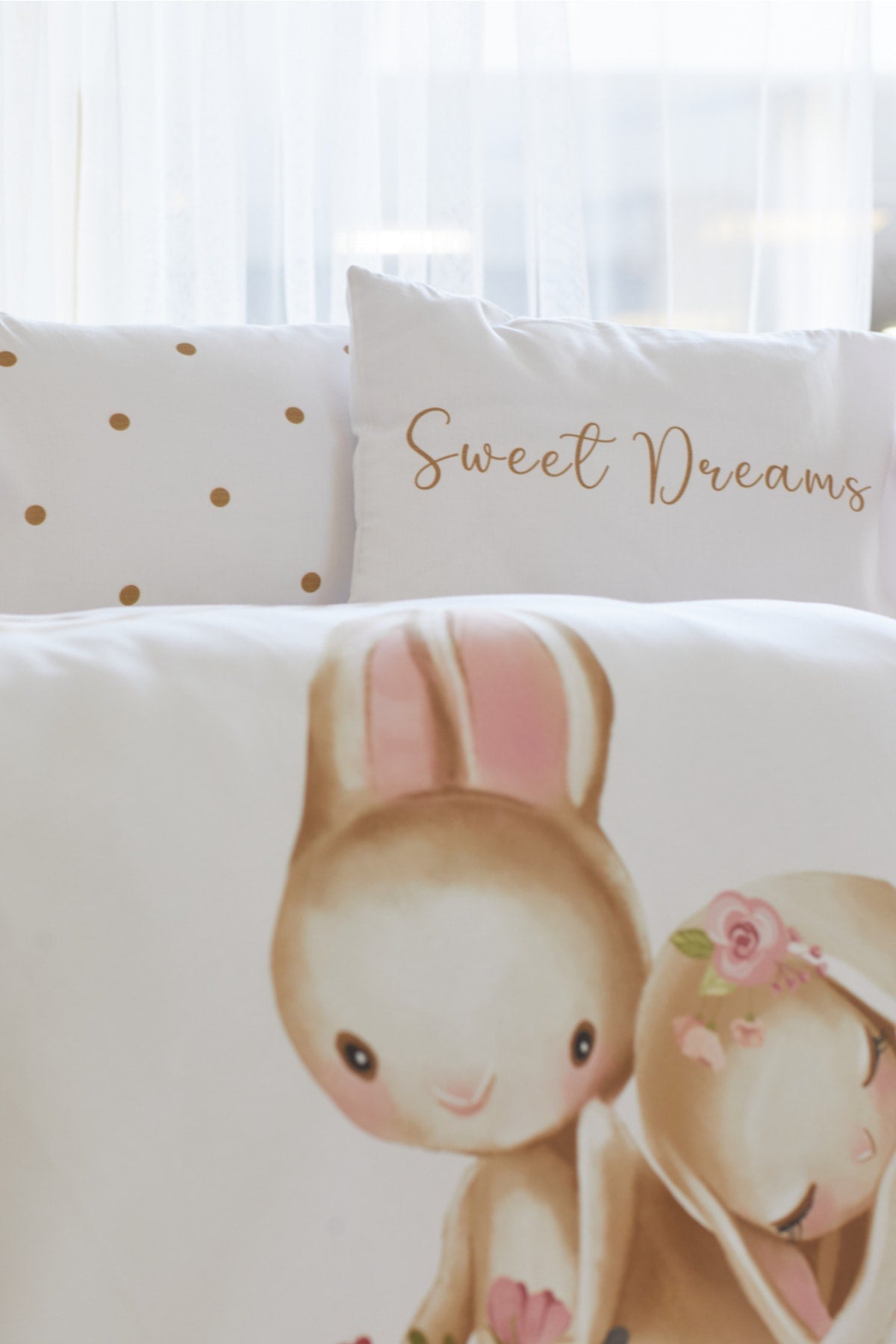 Organic Printed Cotton Satin Baby Duvet Cover Set - Polka Dot And Rabbit Themed