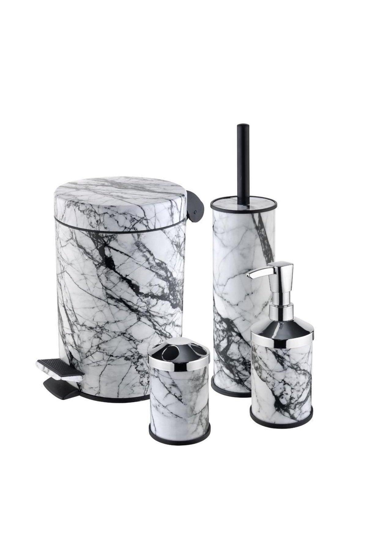 4 Pieces White Marble Patterned Bathroom Set Trash Can Toilet Brush Soap Dispenser Toothbrush Holder - Swordslife