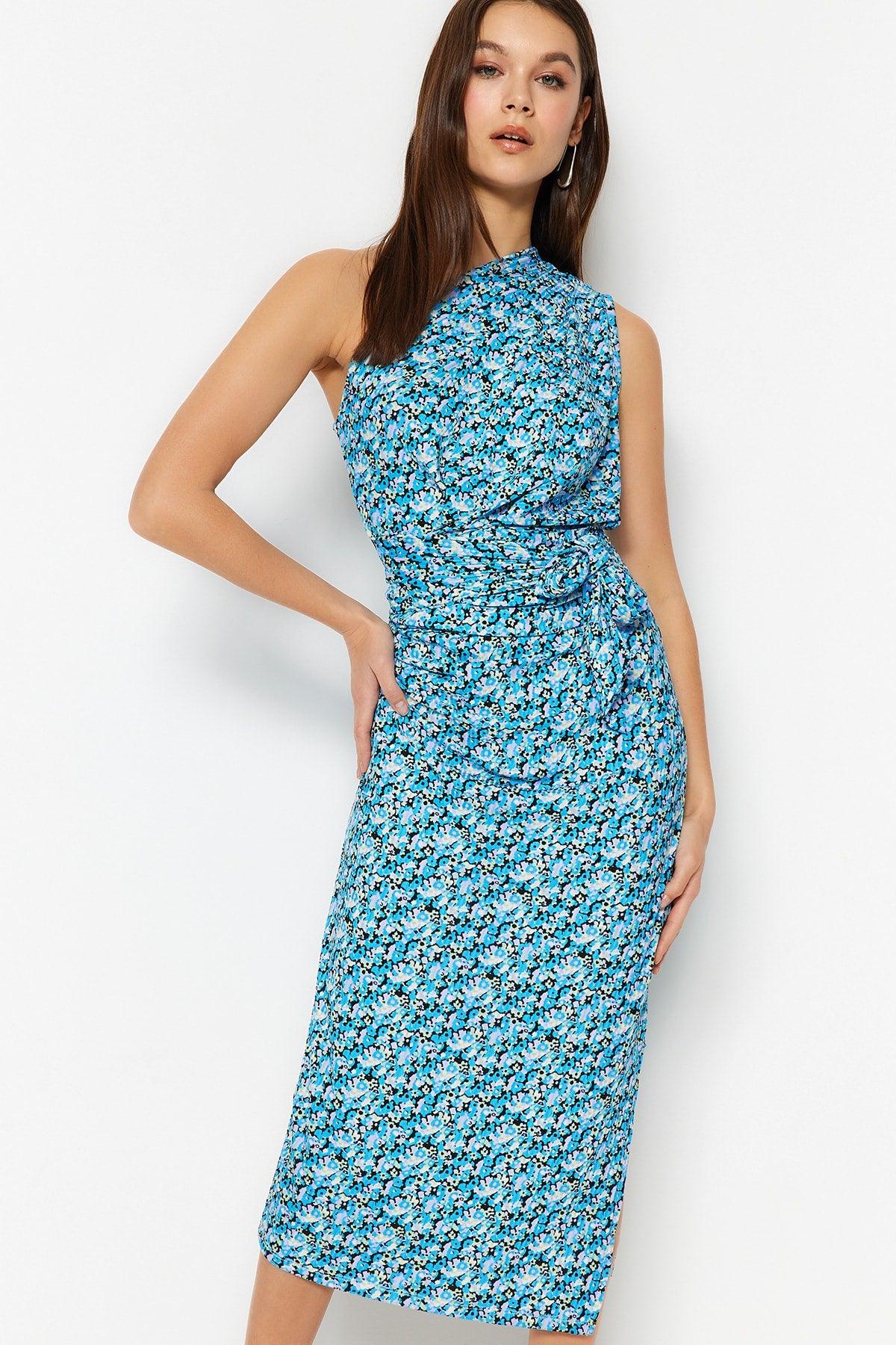 Blue Printed One-Shoulder Fitted One-Shoulder Knitted Dress - Swordslife