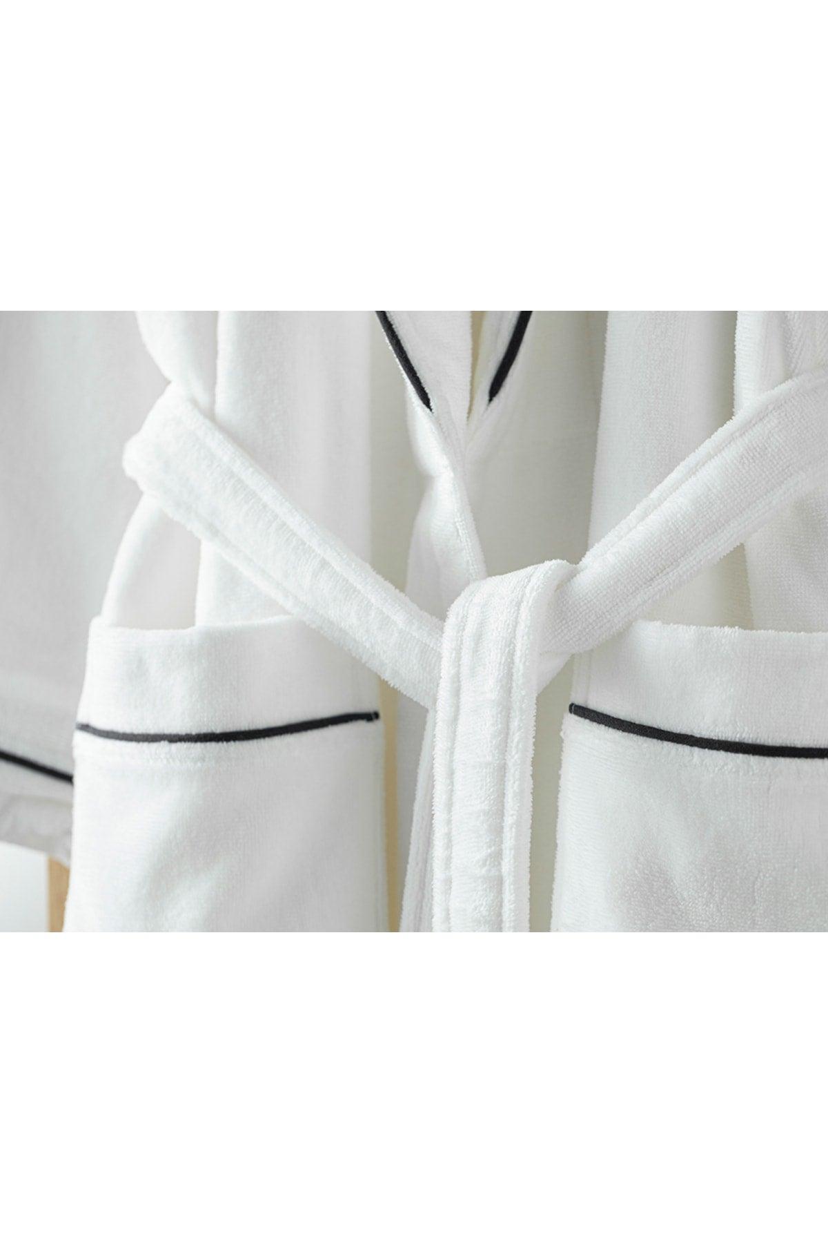 Premium Velvet Bathrobe with Cotton Piping Sm White - Navy Blue - Swordslife