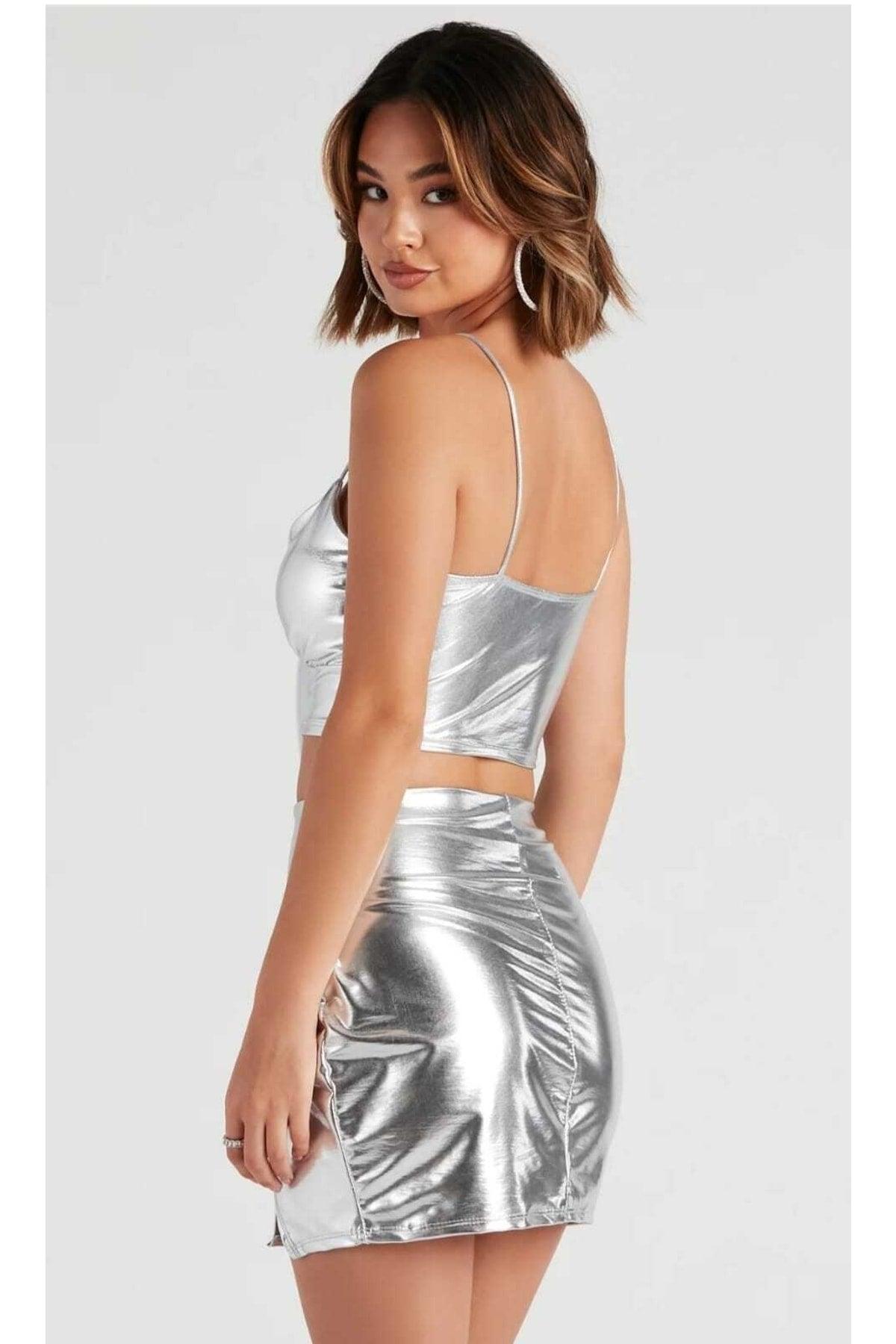 Women's Shiny Leather Look Mini Skirt And Bustier Design Suit - Swordslife