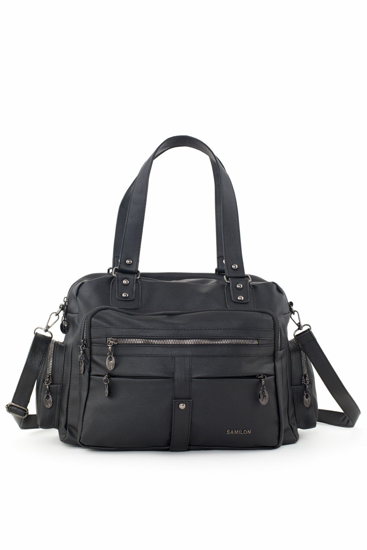 Samilon Women'S Black Washed Leather Multi-Compartmental Shoulder And Hand Bag