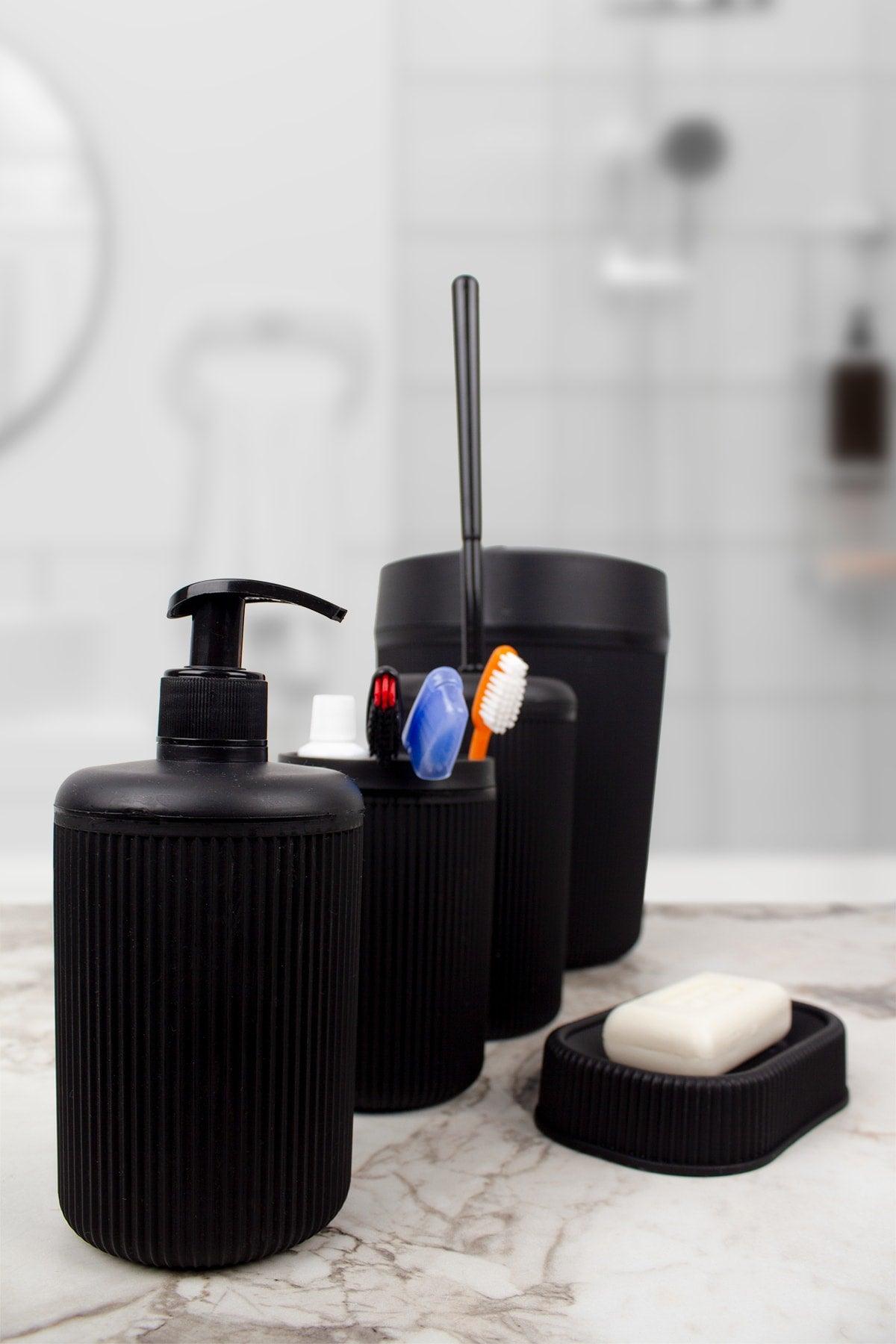 5 Pieces Black Plastic Striped Bathroom Accessory Set & Black Bathroom Set - Swordslife