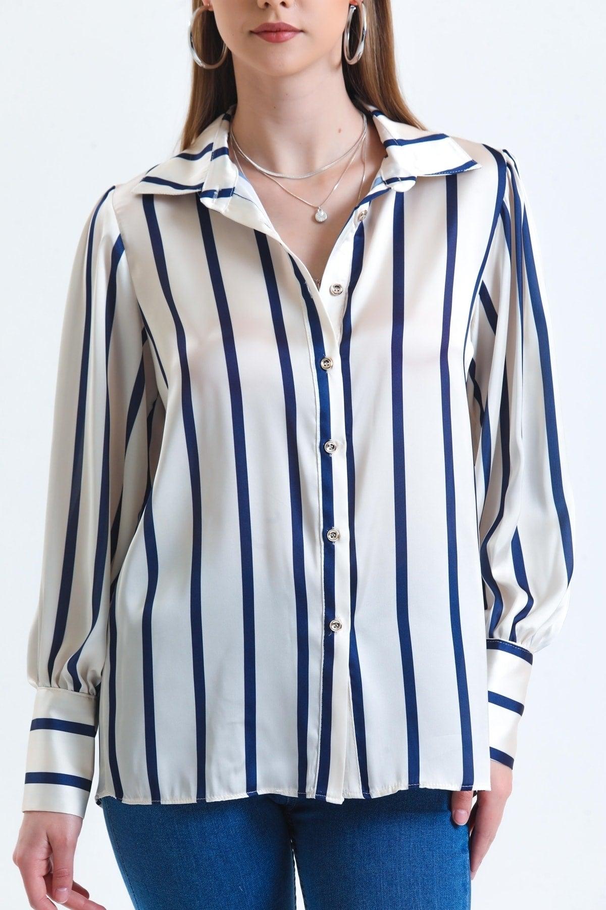 Women's Ecru Balloon Sleeve Ruffle Detailed Oversized Striped Satin Shirt - Swordslife