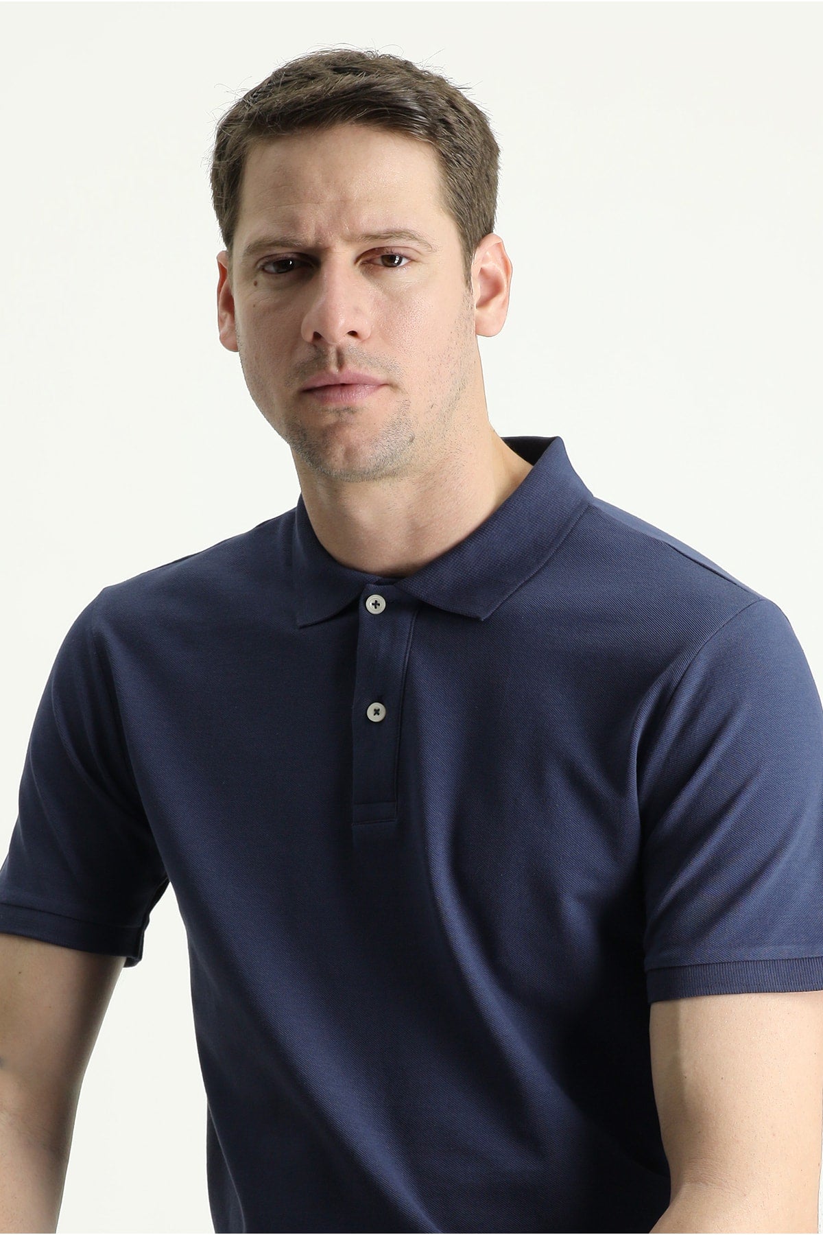 Men's Navy Blue Polo Collar Slim Fit Embroidered T-Shirt