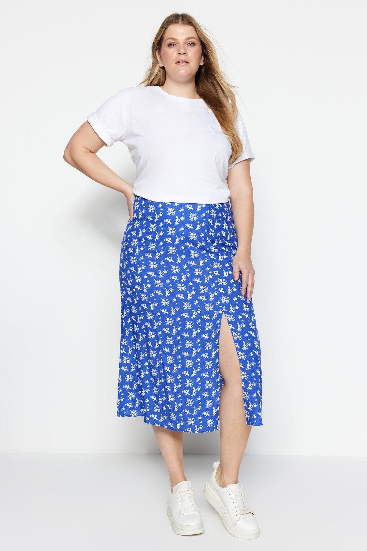 Blue Floral Patterned Woven Slit Viscose Skirt TBBAW23AZ00032 - Swordslife