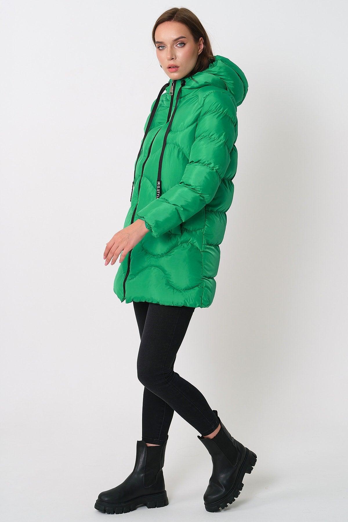 Women's Green Hooded Cord Detailed Down Jacket - Swordslife