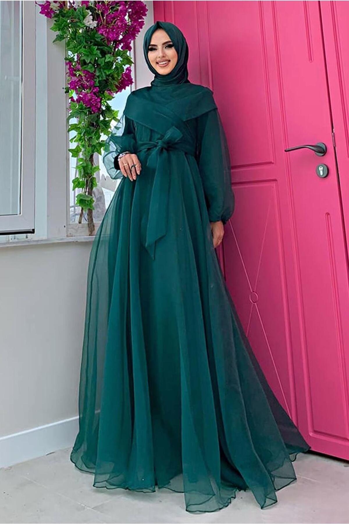 Women's Green (EMERALD) Belted Tulle Evening Dress T 4693 - Swordslife