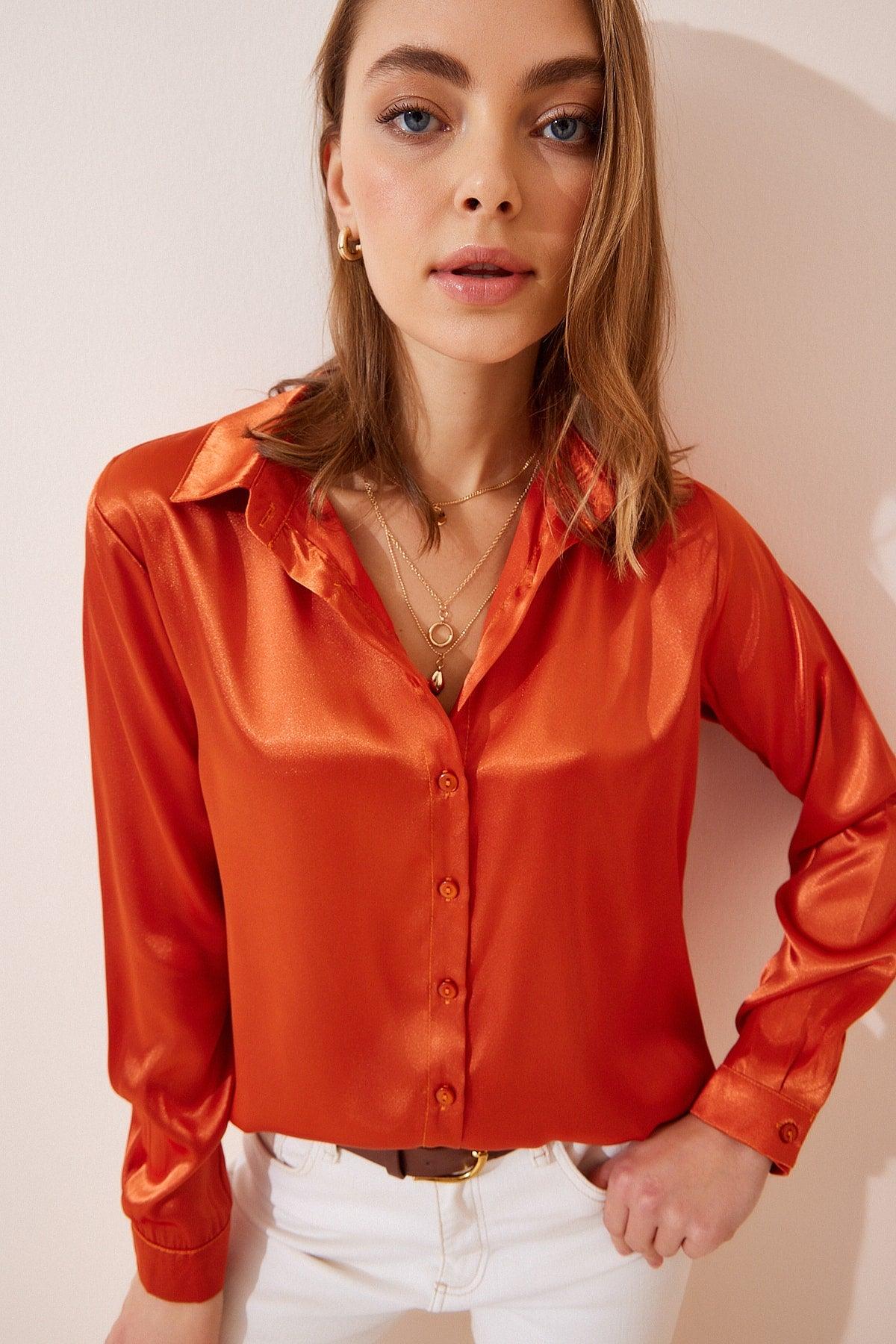 Women's Orange Lightly Flowy Satin Shirt DD00990 - Swordslife