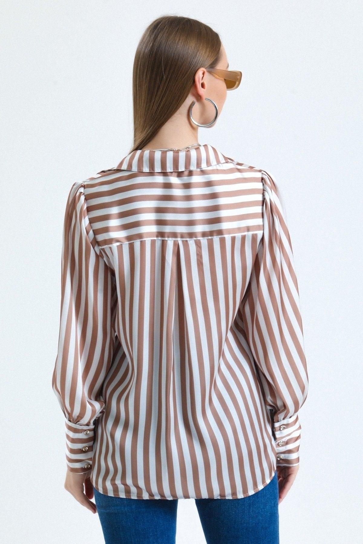 Women's Coffee Balloon Sleeve Ruffle Detailed Oversize Striped Satin Shirt - Swordslife