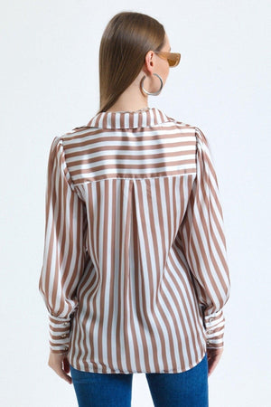 Women's Coffee Balloon Sleeve Ruffle Detailed Oversize Striped Satin Shirt - Swordslife