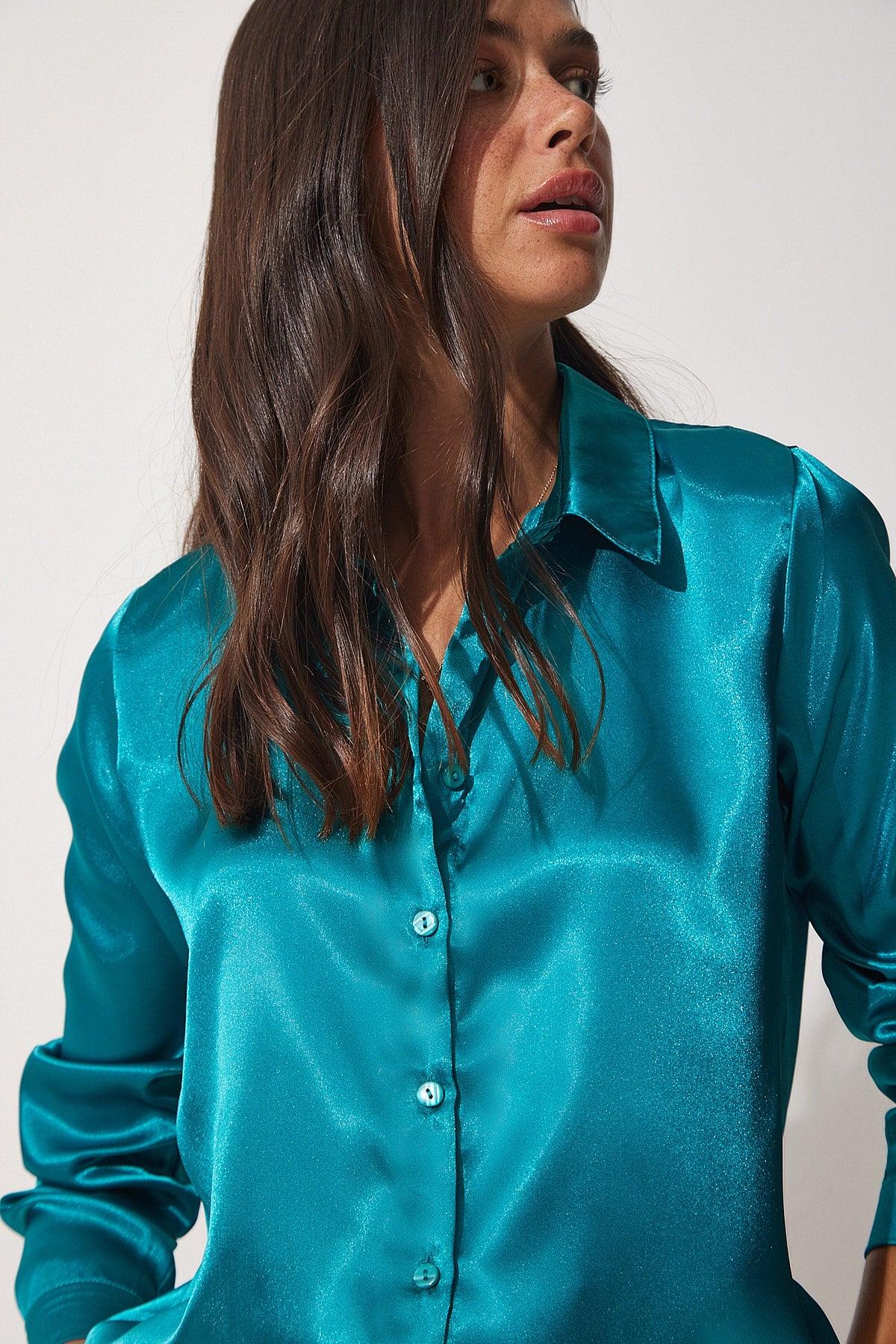 Women's Petrol Blue Light Flowy Satin Top Shirt DD00990 - Swordslife