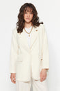Ecru Waist Smocking Belt Woven Lined Button Closure Linen Look Jacket TCTSS23CK00004 - Swordslife