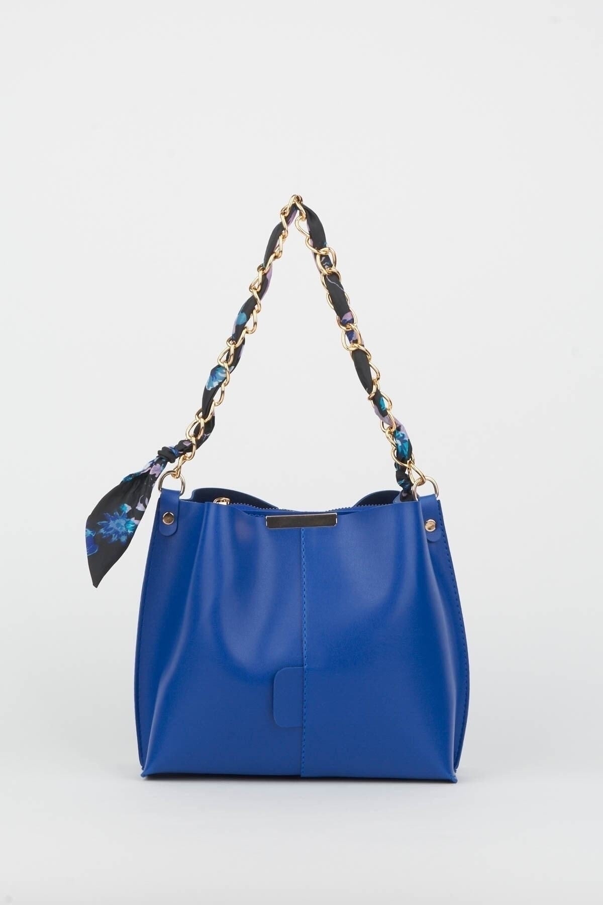 Women'S Sax Blue Scarf Chain Accessory Soft Leather 3-Compartment Hand, Arm And Shoulder Bag
