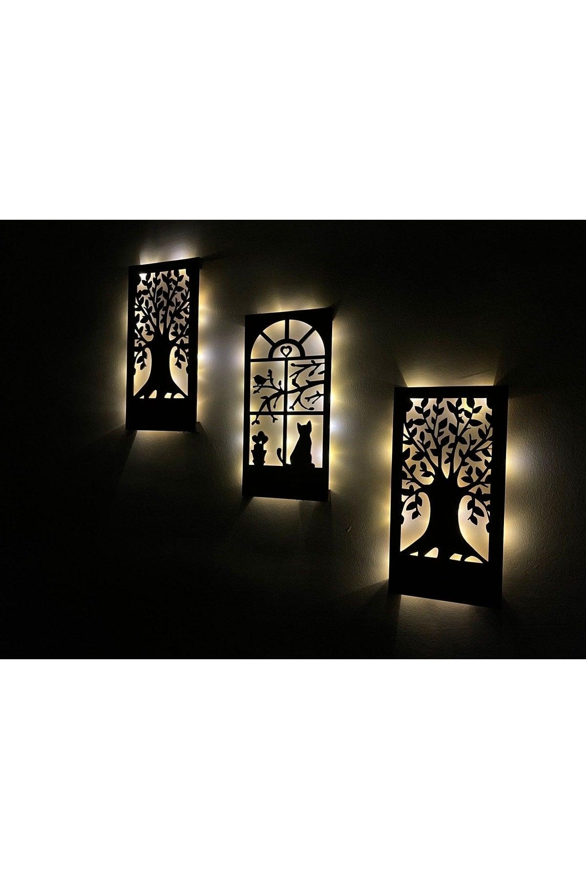 Fairy Led Wooden 3 Piece Set Table Home Gift Hallway Hallway Night Light 32x16 Wall Decoration Tree Cat Bird - Swordslife