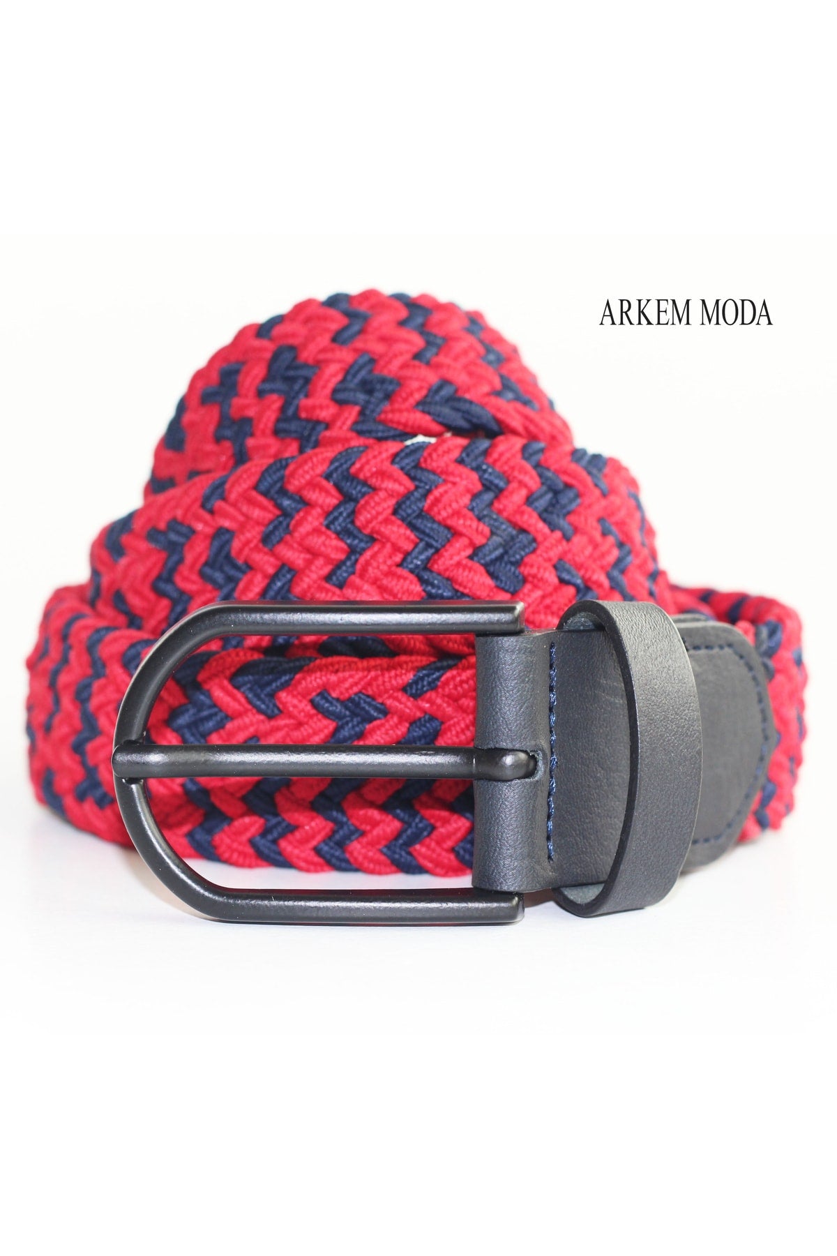 Braided Elastic Belt Red-Navy Blue Jeans, Jeans, Shorts Men's Belt 3,5 Cm