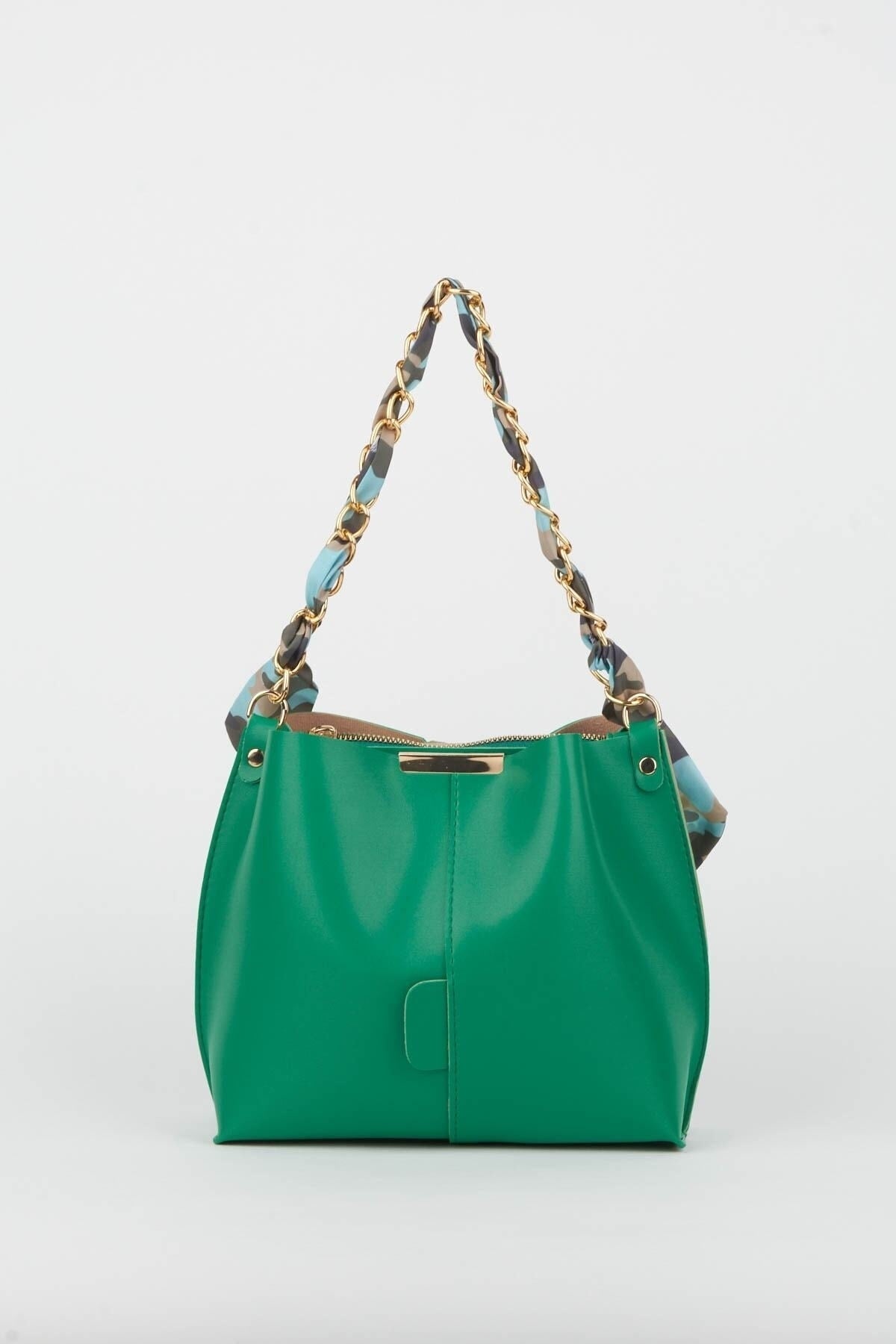 Women'S Green Scarf Chain Accessory Soft Leather 3-Compartment Hand, Arm And Shoulder Bag