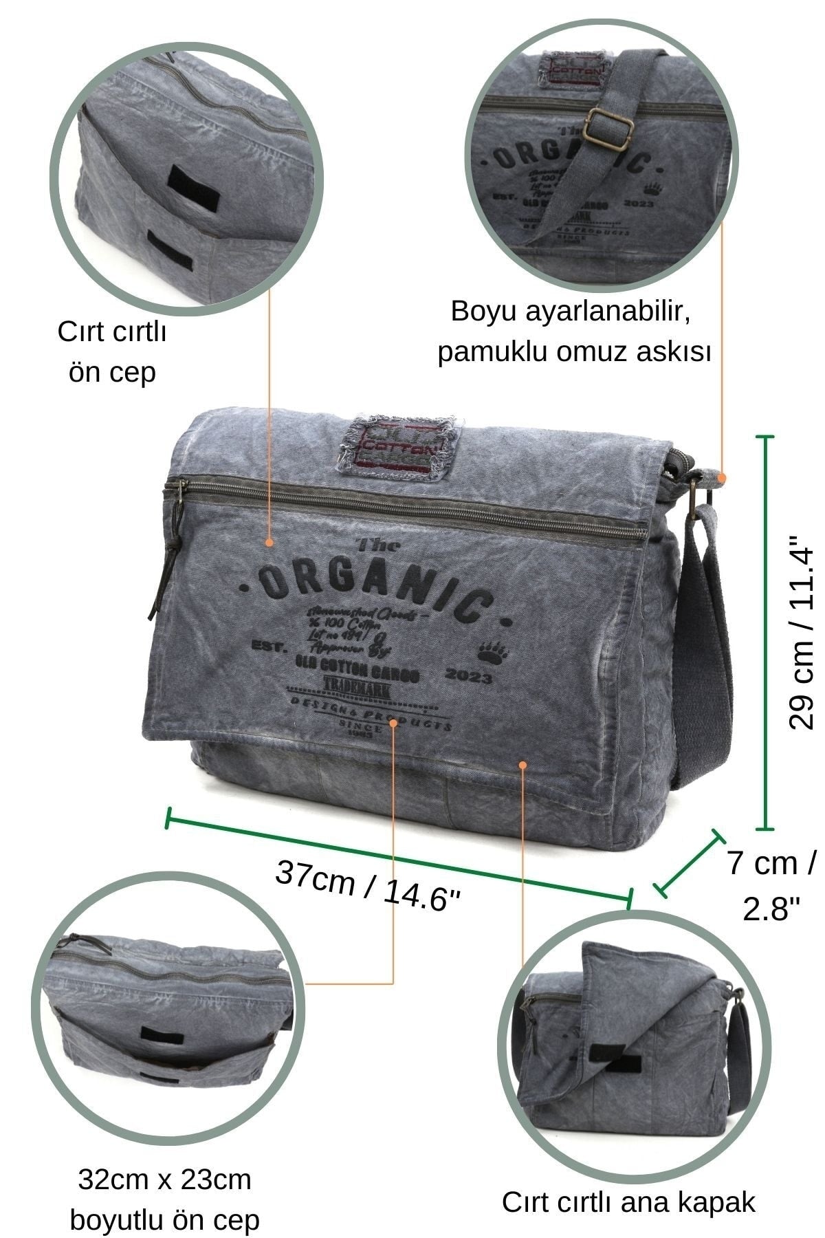 Shabby Canvas Shoulder Messenger Gray Laptop School Travel Daily Vintage Cotton Fabric Bag