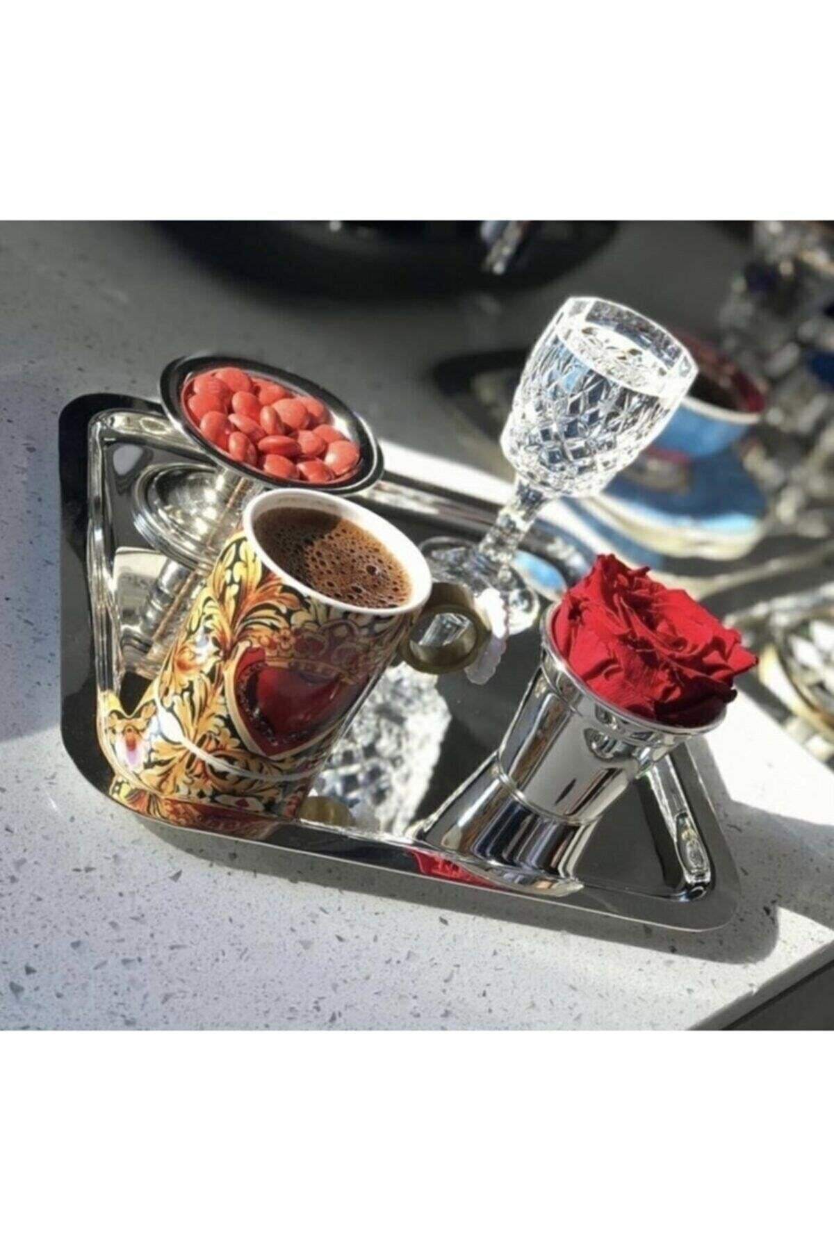 Nom Trend 6 Pcs Lux Square Stainless Steel Silver Color 21X21Cm Coffee Serving Tray & Plate