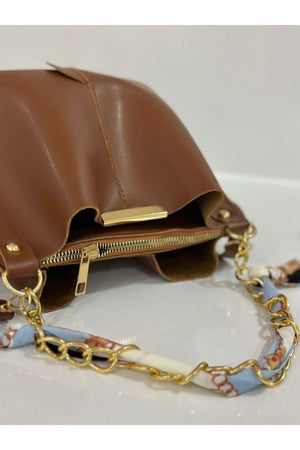 Women'S Tobacco Scarf Chain Accessory Soft Leather 3-Compartment Hand, Arm And Shoulder Bag