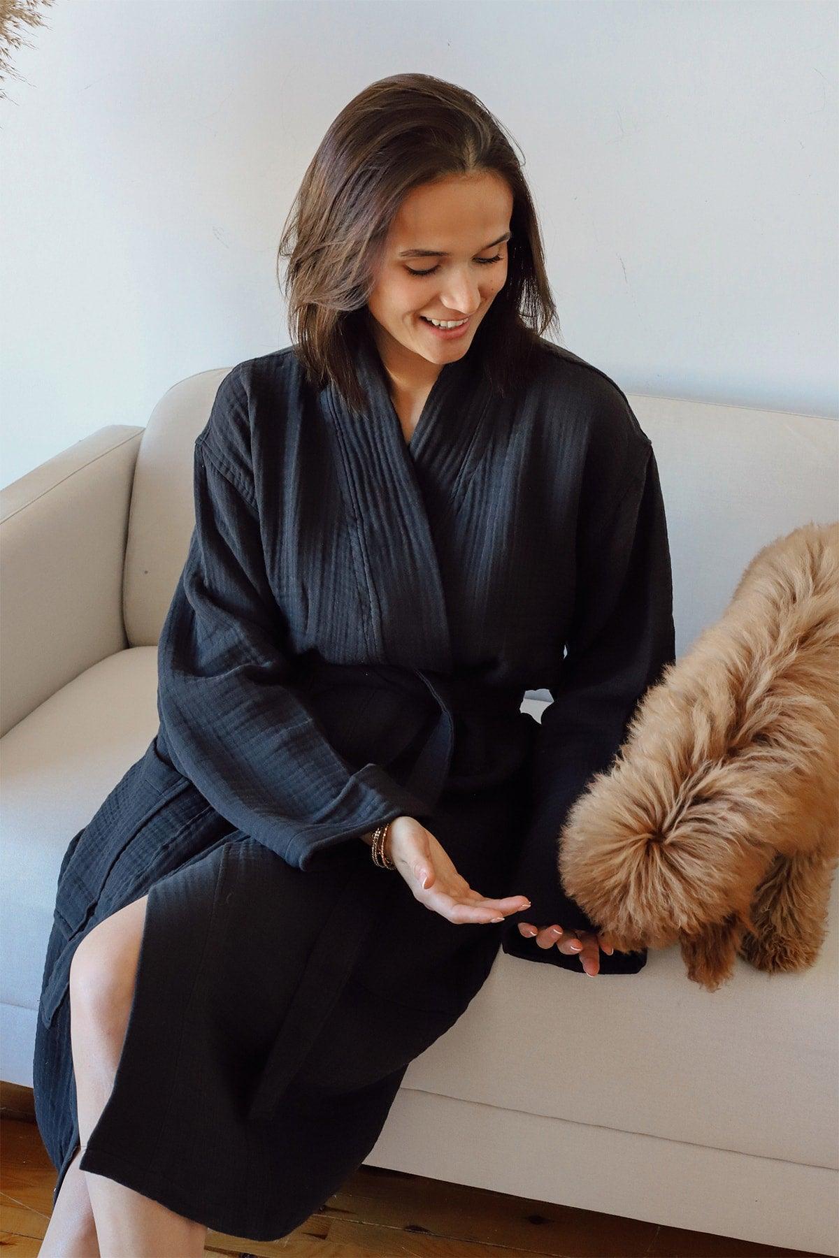 Adult Kimono Bathrobe, 100% Cotton 4 Ply Multi Muslin Black - Swordslife