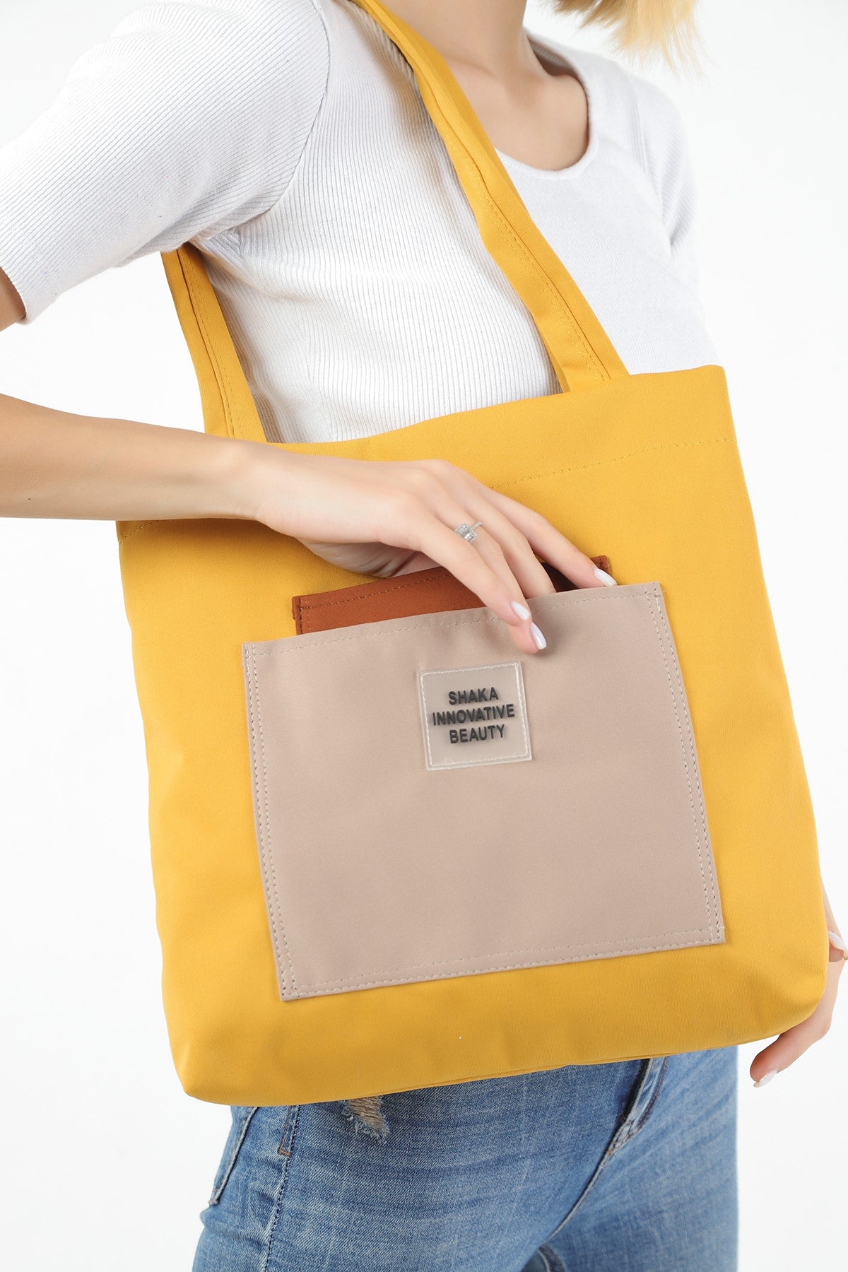 Mustard/tile/mink U22 3-Compartment Front 2 Pockets Detailed Canvas Fabric Daily Women's Arm And Shoulder Bag B: