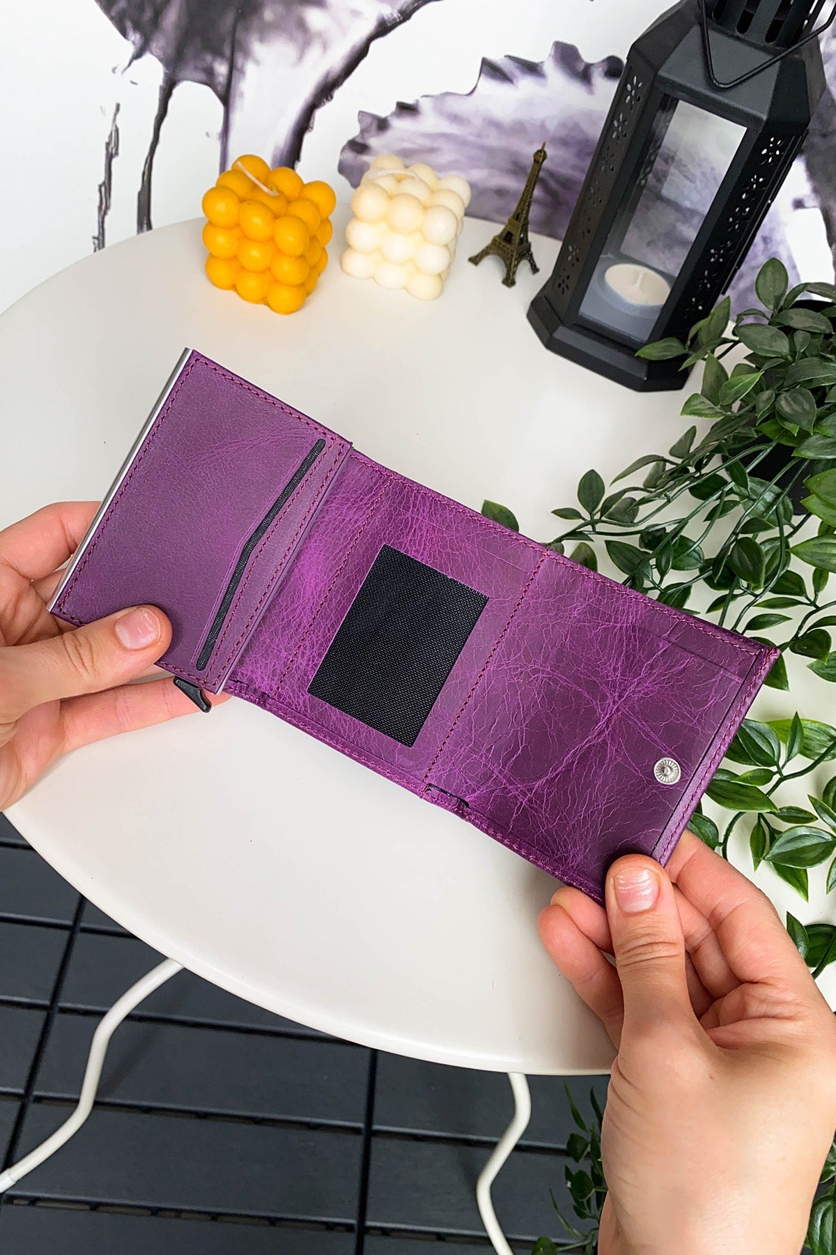 Pescol - Genuine Leather Purple Smart Card Holder / Wallet with Rfid Protection Mechanism, Top Level Craftsmanship