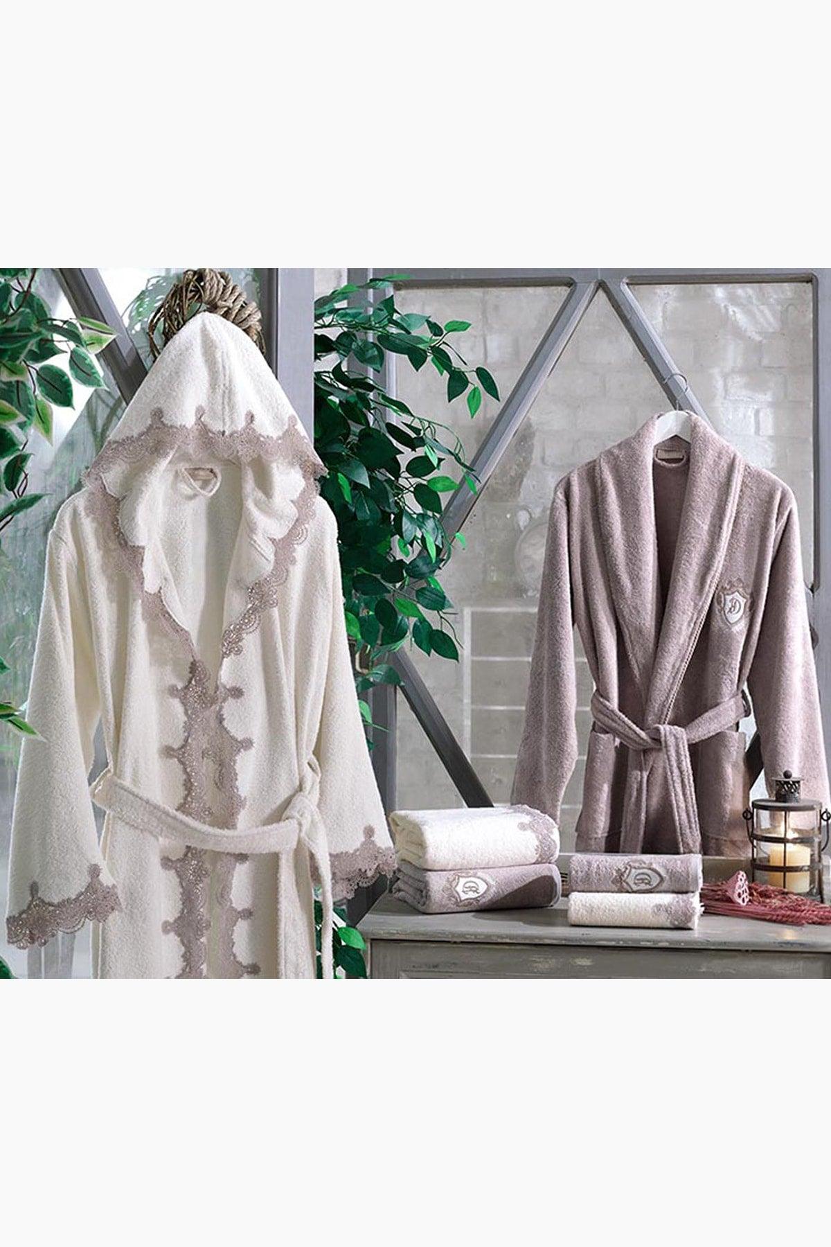 Almira Guipure Hooded Bamboo Bathrobe Set Cream Tile - Swordslife